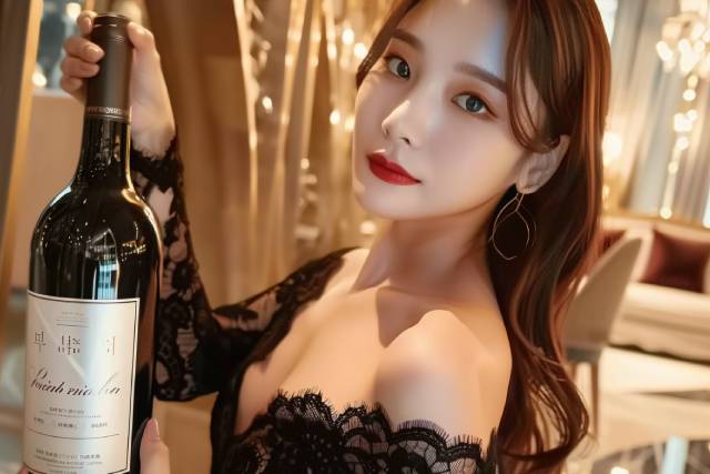 ワインボトルを持ってカメラに向かってポーズを見せる黒いドレスのキャバ嬢