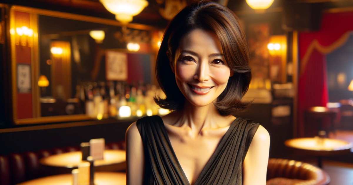 黒いワンピースを着た40代くらいの綺麗な日本人女性