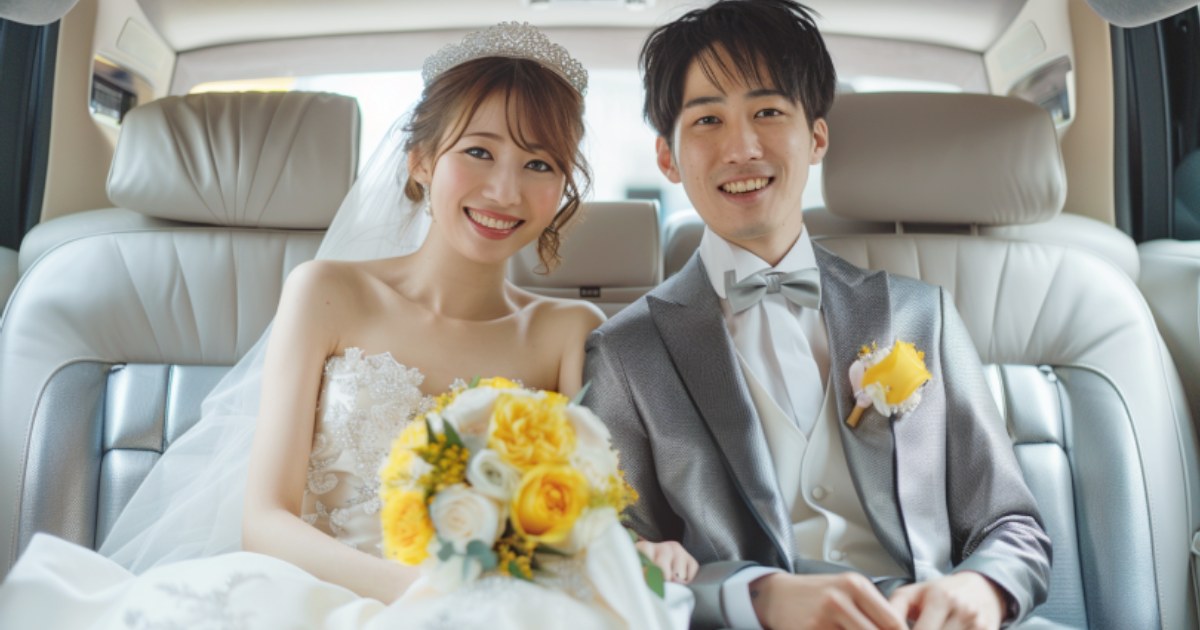 車に乗っている花束を持った花嫁とスーツを着た花婿