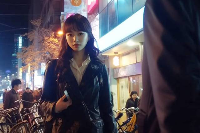 夜の街中にたたずむ女性