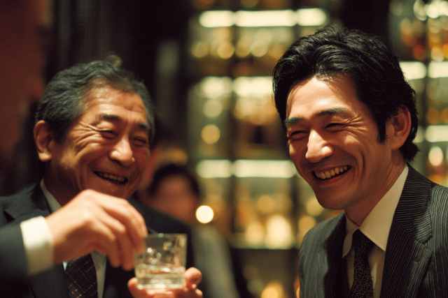 お酒を飲んで笑う男性2人