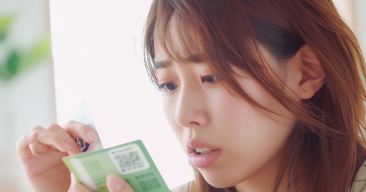 預金通帳を見て怪訝な表情を浮かべる茶髪の若い女性