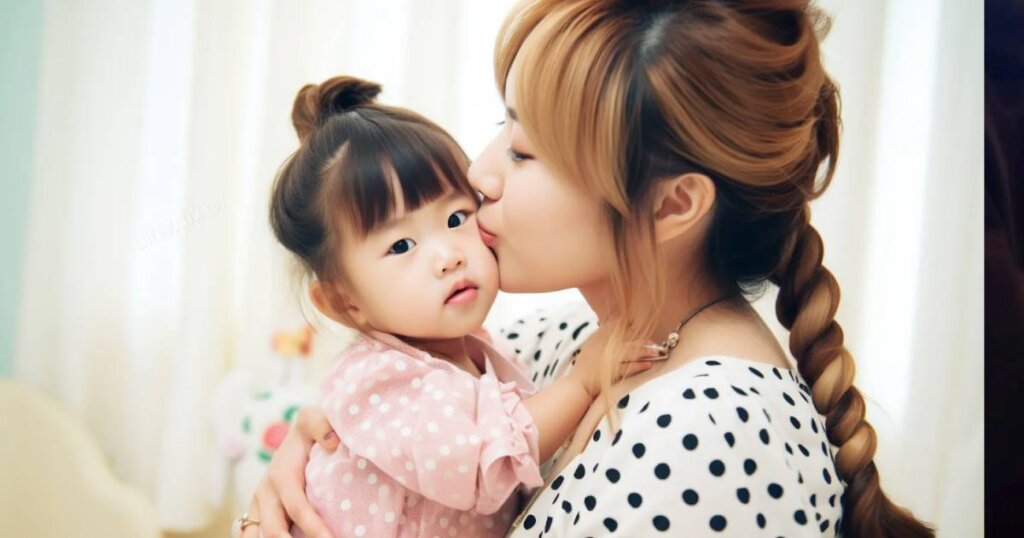 若いギャルママが1歳くらいの娘にキスしている様子