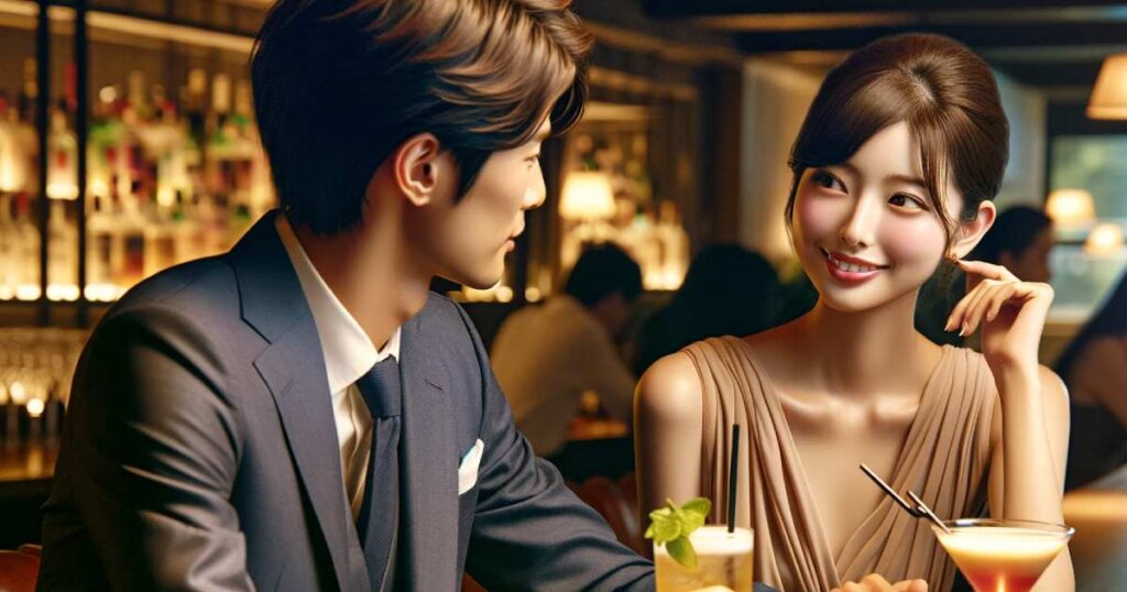 オシャレなバーで若い男女がお酒を楽しんで会話する様子