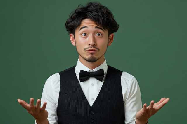 両手を広げ何かに驚いている男性ウエイター