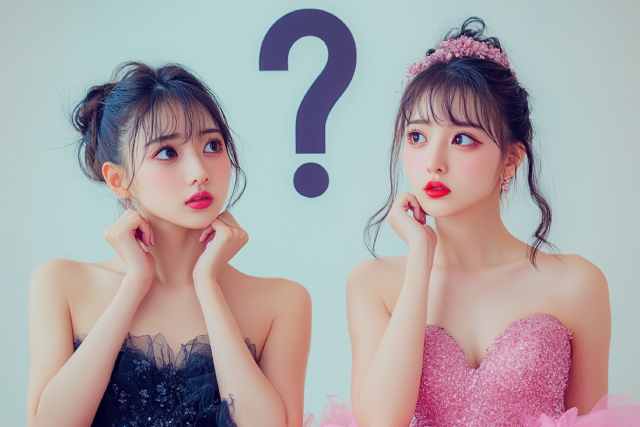 華やかなドレスをきた2人のキャバ嬢とクエスチョンマーク