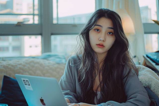 自室でPCをひらきこちらを見つめる女性