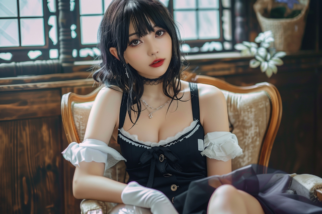 メイド風のドレスを着て椅子に座る様子