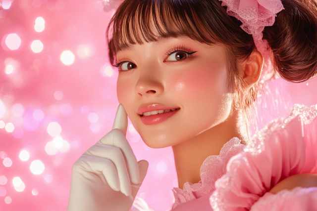 キラキラピンクの背景の前でこちらを見る女性アイドル