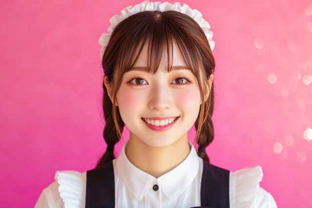 ピンクの背景の前でこちらを見る黒いメイド服を着た女性