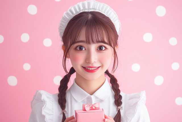 小さなギフトボックスを持って微笑むコンカフェ嬢