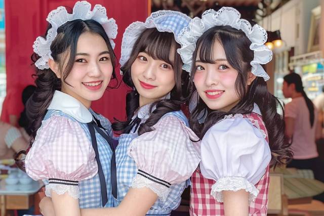 並んでこちらを見る3人のメイド服を着た女性