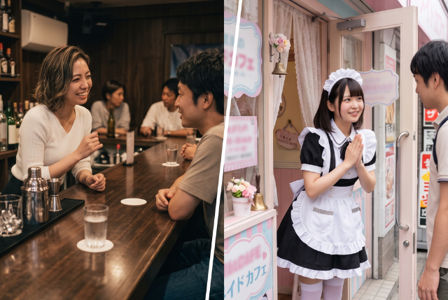 左にはバーカウンター越し時に男性客と話す白いトップスの女性、右にはお店の入り口で男性客をお出迎えするメイド服の女性