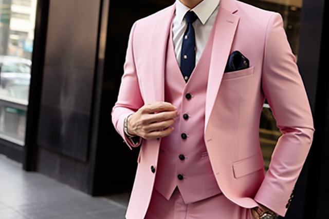 ピンク色のスーツを着た男性