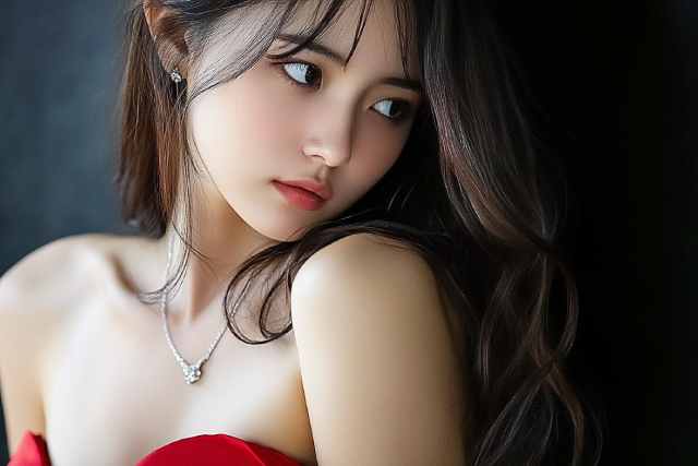 横を向いている赤いドレスを着た若いホステス