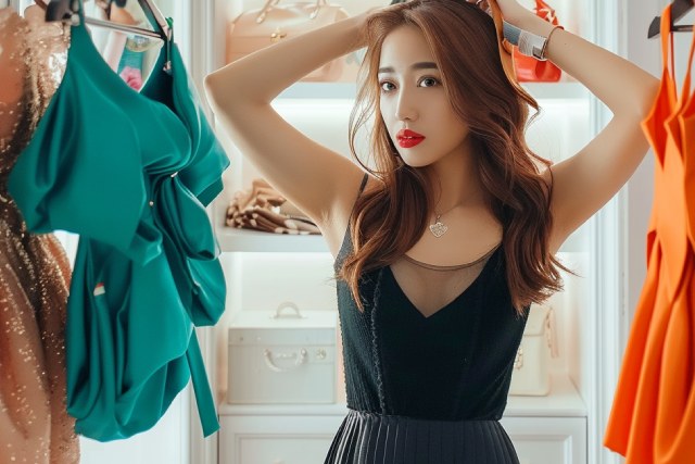 クローゼットで複数の洋服で悩む黒いワンピースを着た女性