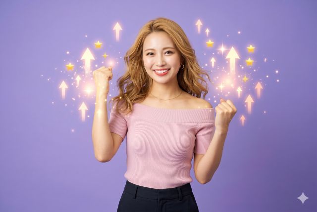 上向きの矢印をまとったガッツポーズする男性