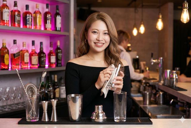 バーカウンターの中でドリンクを作る女性