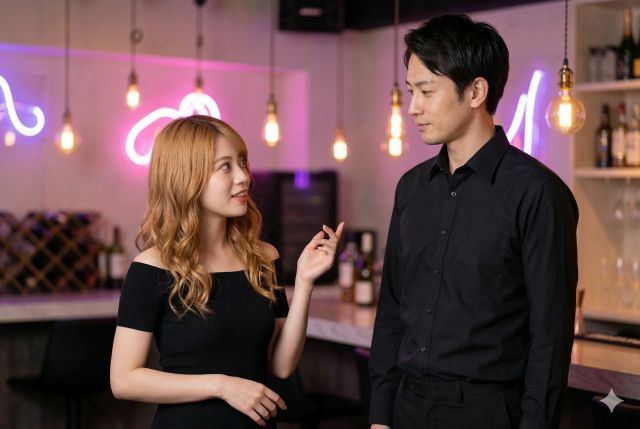 スーツの男性と話す女性