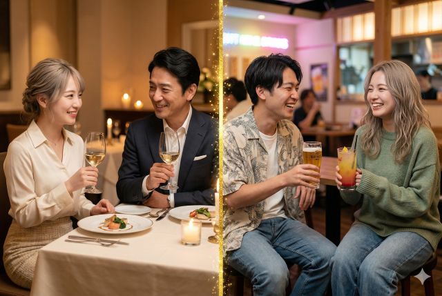 レストランで食事する男女と居酒屋で飲む男女