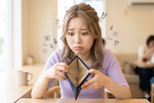 空のお財布の中身を見て焦っている女性