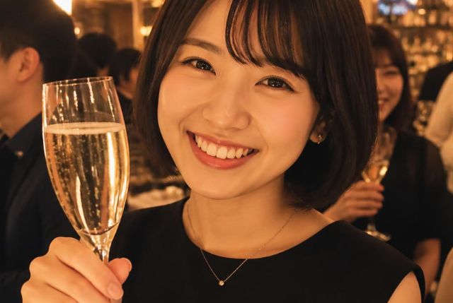 シャンパンを持ってほほ笑むボブヘアの日本人女性