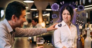 男性に肩を触られて嫌そうな表情の女性