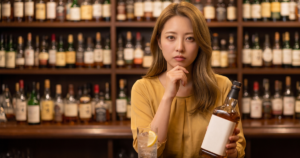 お酒のボトルを持っている女性