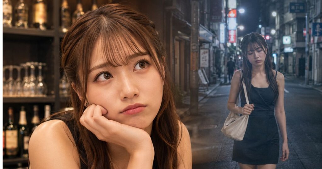 顎に手を当てて悩んだ表情の女性と夜道を疲れた表情で歩く女性