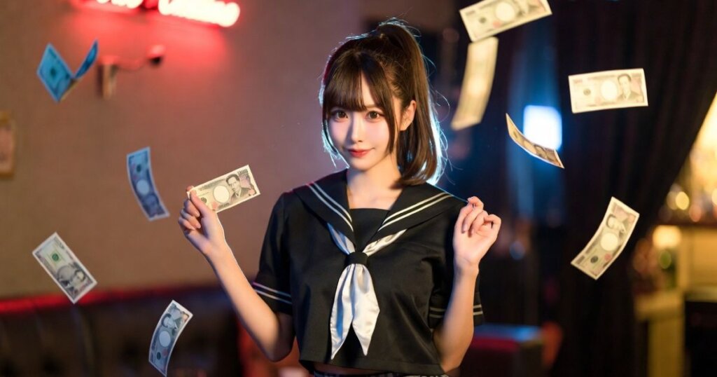 女子高生のコスプレをしたガールズバーの女の子。周りに一万円札が飛んでいる