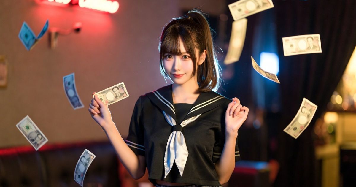 女子高生のコスプレをしたガールズバーの女の子。周りに一万円札が飛んでいる