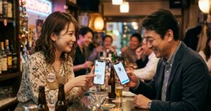 ガールズバーでインスタを交換している女の子と男性客