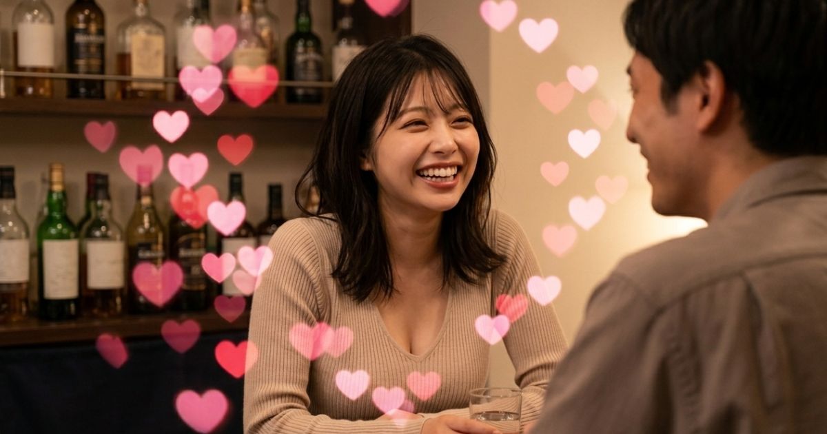 男性と向かい合って話す笑顔の女性と装飾のハート