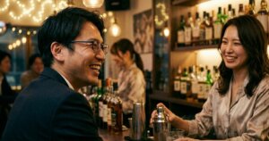 バーカウンターで接客する若い女性と笑顔の男性客