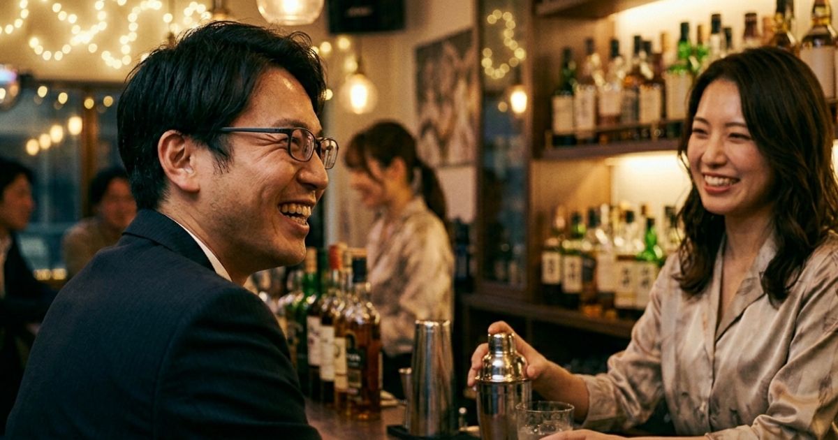 バーカウンターで接客する若い女性と笑顔の男性客