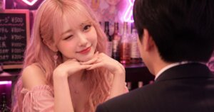 頬杖をついてウインクしながらサラリーマンと話す女性