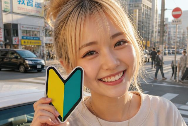 初心者マークを持ってほほえむ金髪の若い女性