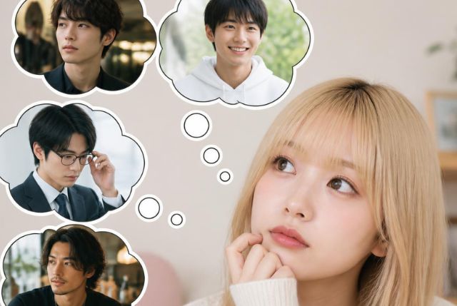 金髪の若い日本人女性左上あたりを見て考えている様子