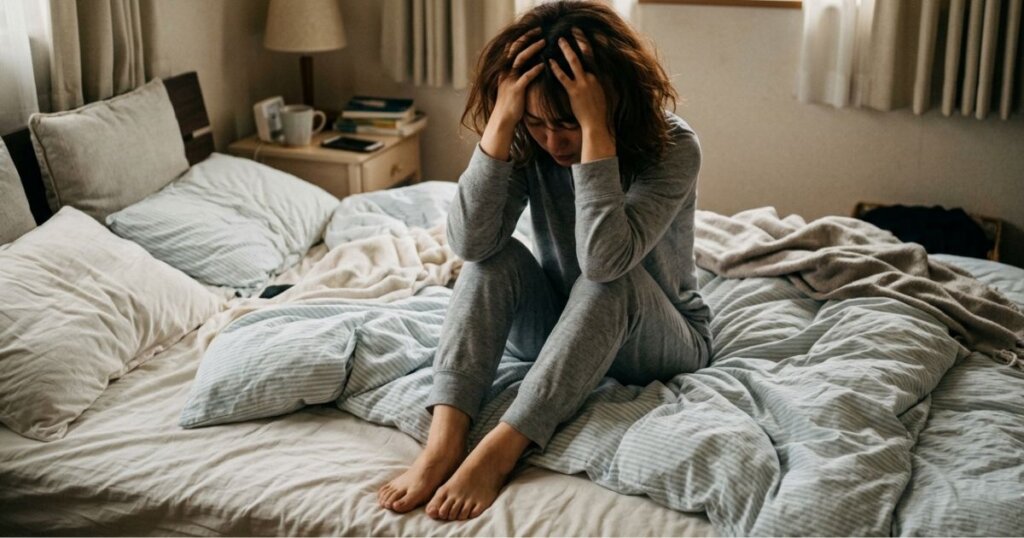 ベッドで頭を抱える女性