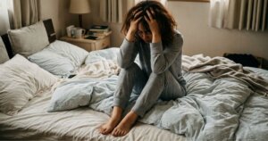 ベッドで頭を抱える女性