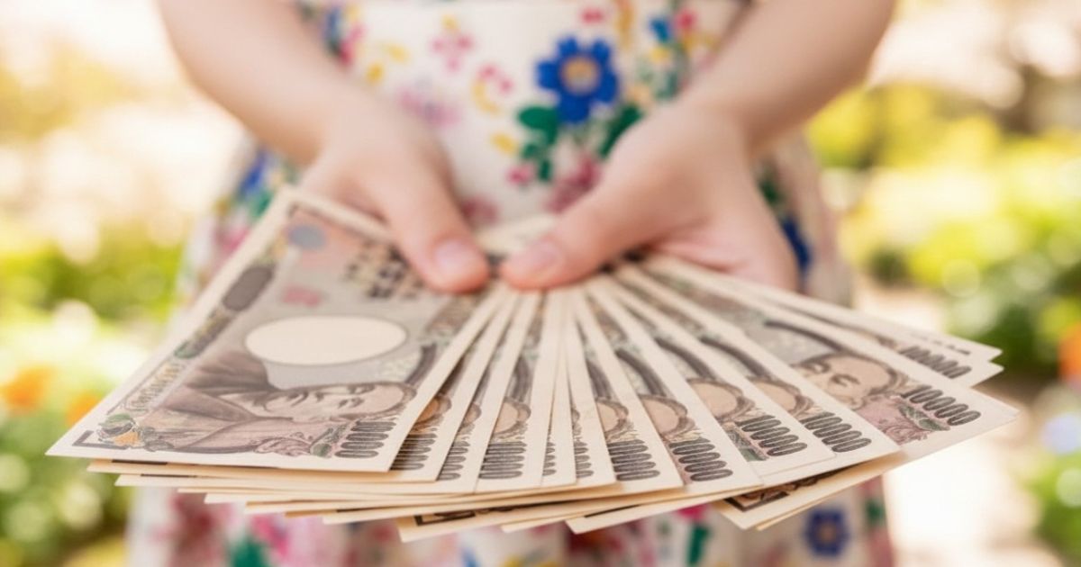 お札を持つ花柄ワンピースの女性の手元