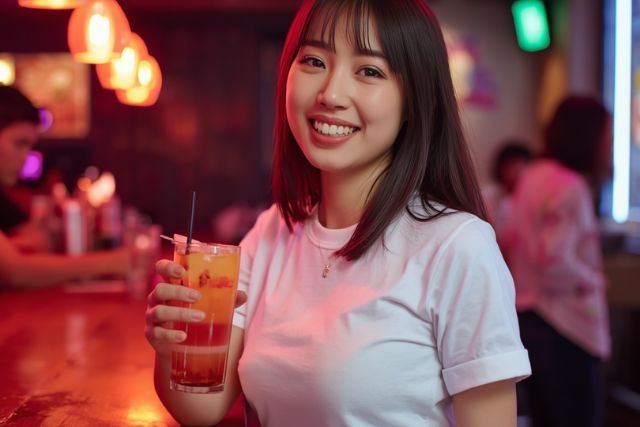 お酒を持つTシャツ姿の若い女性