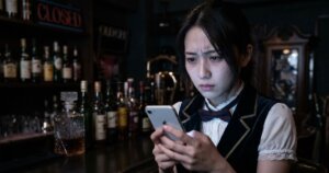 クライバーの店内でスマホを触って不安げな顔の女性