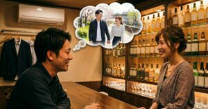 ガールズバーで会話する男女と、男性の頭上にデートしている様子の吹き出し