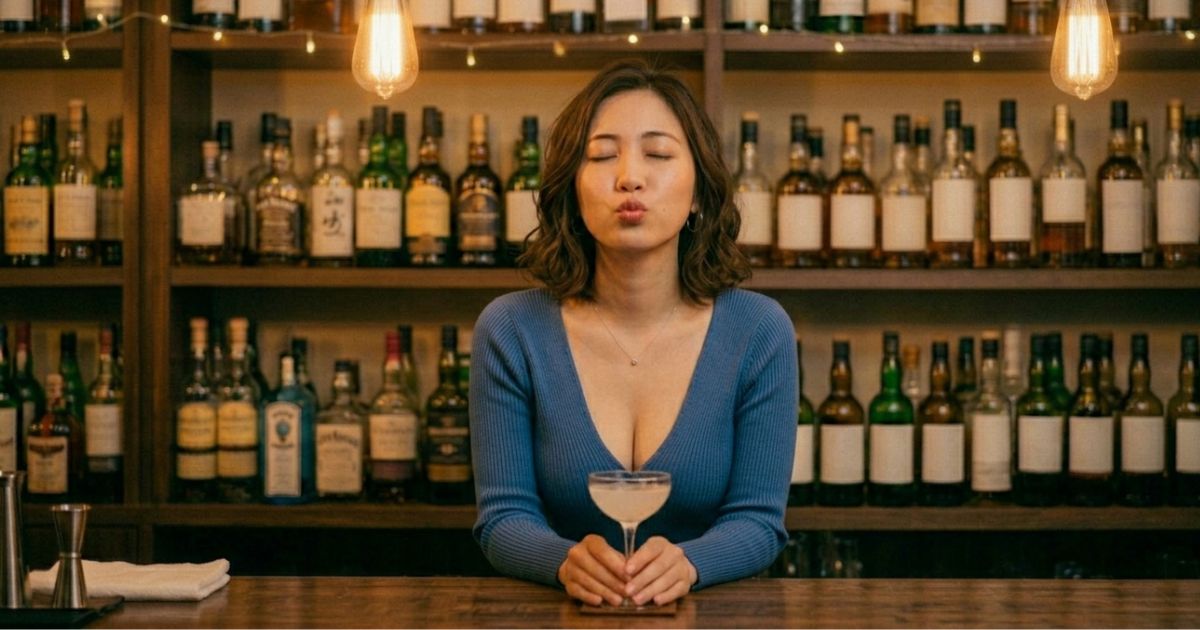 ガールズバーのキャストがカメラに正体して立っている。恋している男性を見つめる感じの甘い表情で顔をカメラの方に突き出して、目を瞑ってキスをせがむような感じ