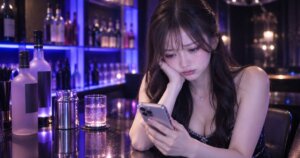 バーでスマホを持って悲しそうな表情の女性