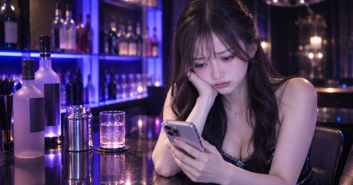 バーでスマホを持って悲しそうな表情の女性