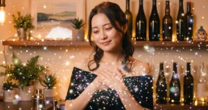 胸に手を当てる微笑んだ女性