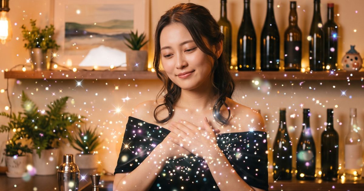 胸に手を当てる微笑んだ女性