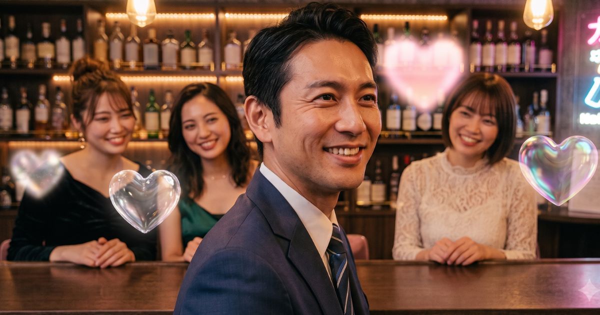 笑顔の男性とそれを見る三人の女性